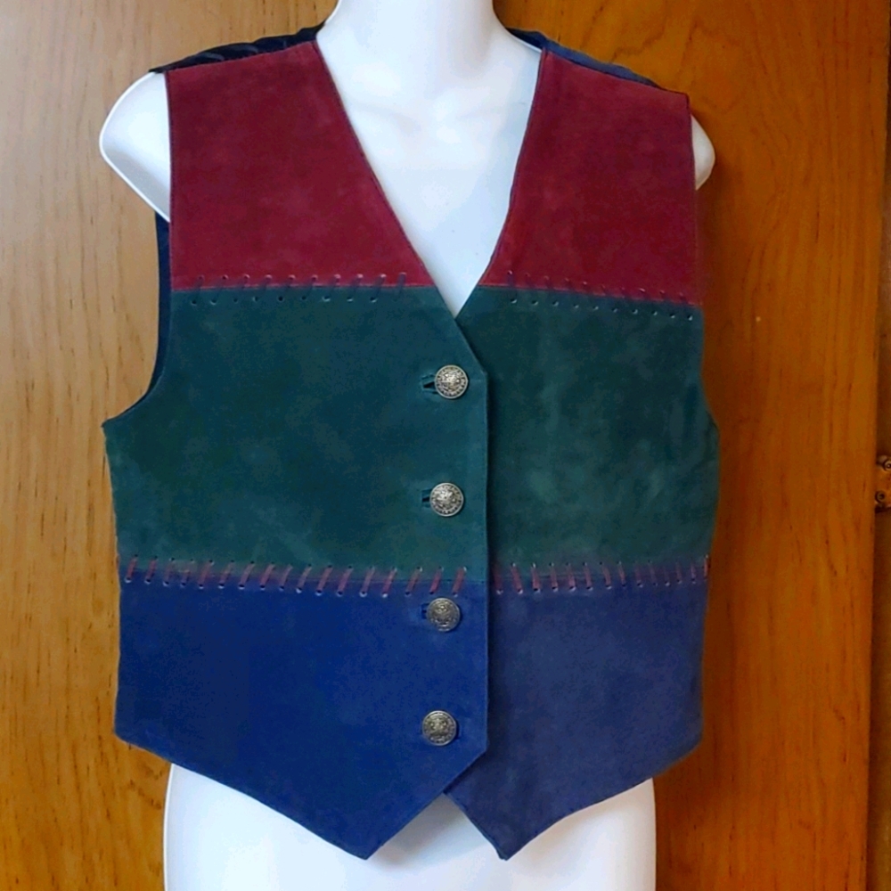 Vintage Leather Vest Red Green Blue Leather